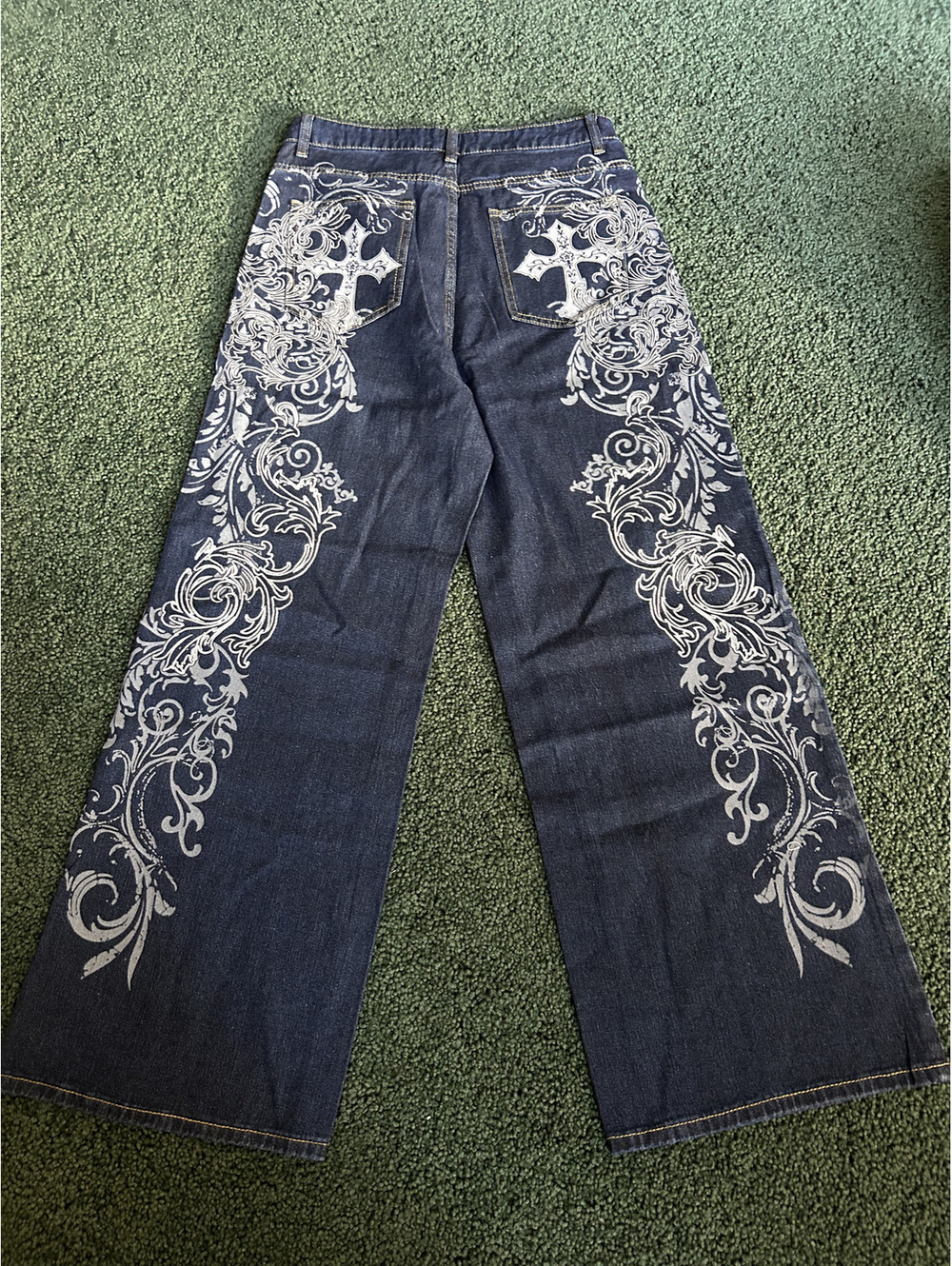 Wide Leg Dark Blue Denim Jeans with White Cross and Scrolls